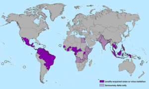 De landen waarbij het Zika-virus is vastgesteld. (bron kaart:    en.wikipedia.org)